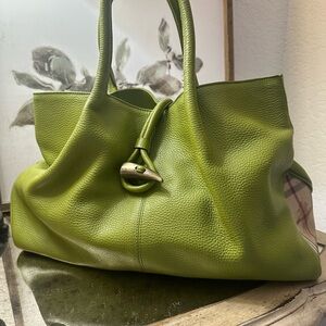 Burberry London Green Pebbled Leather Tote Nova Check Horn Toggle Bag